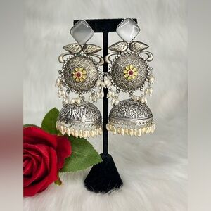 Silver Long Brass Gold Floral Jhumka Earrings With silver Mona Lisa Stone